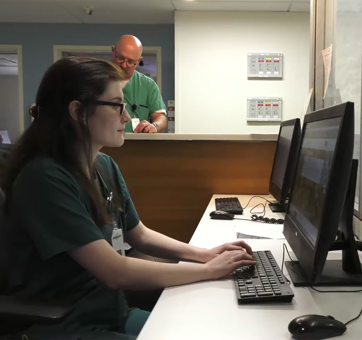nurse looking up something on a computer